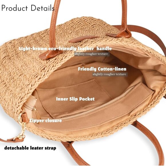 Straw Mini Tote Bag Women Handmade Summer Beach Vacation Carryall - Picture 4 of 7